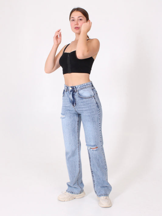 Ocean Blue Ripped Anna Straight Leg Full Length Jeans