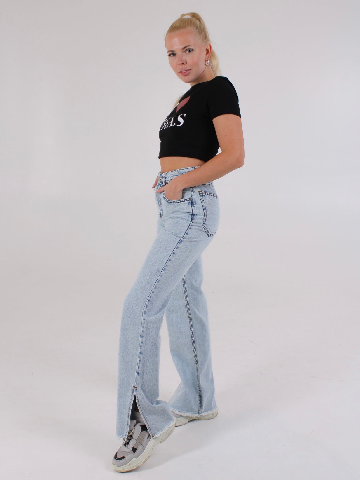 Light Blue Anna Straight Leg Cropped Hem Split