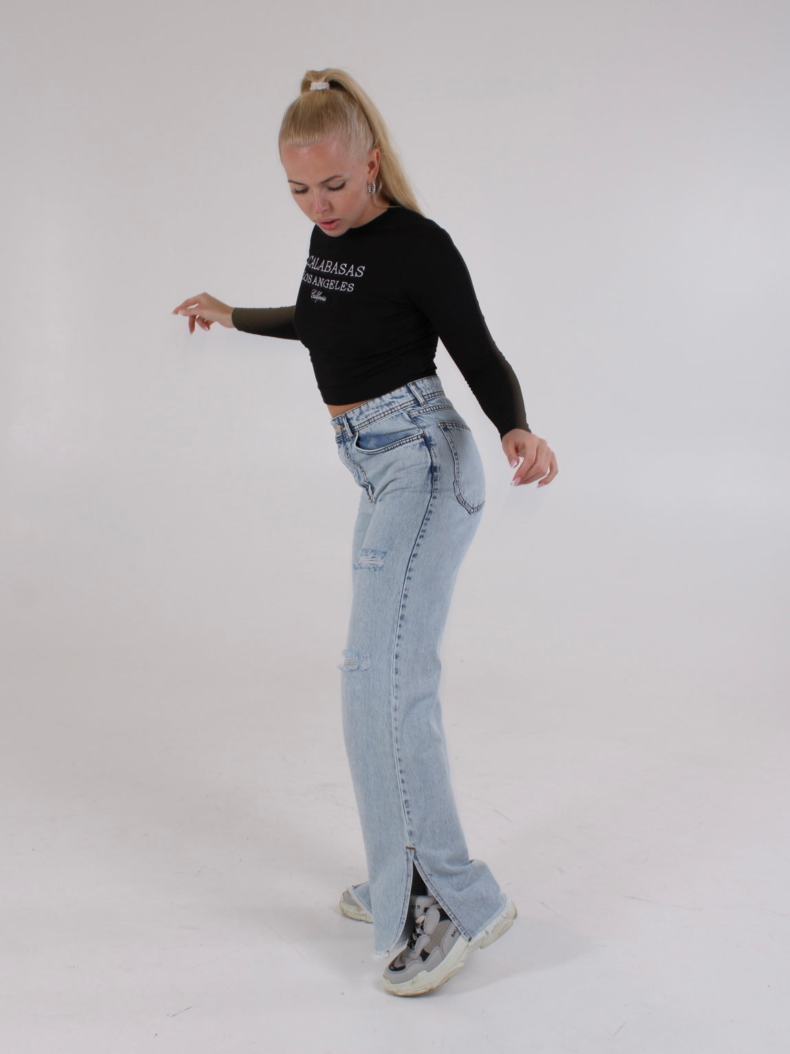 Ripped Light Blue Anna Straight Leg Cropped Hem Split