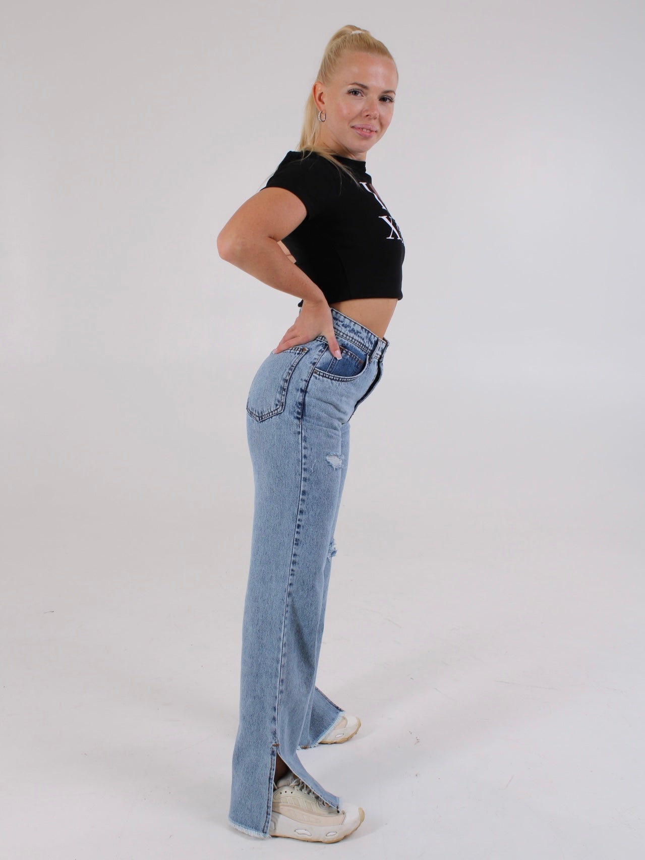 Ripped Ocean Blue Anna Straight Leg Cropped Hem Split