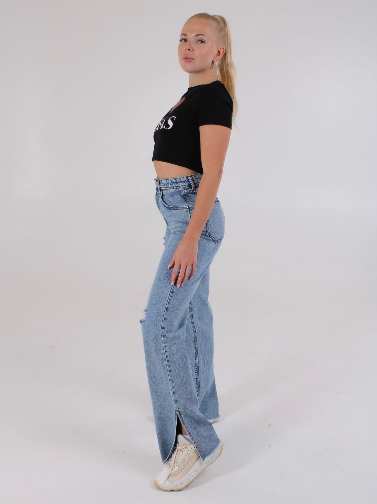 Ripped Ocean Blue Anna Straight Leg Cropped Hem Split