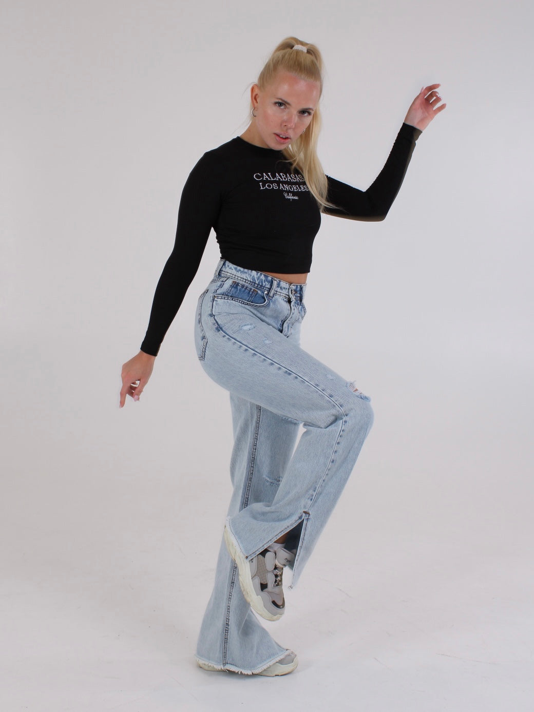 Ripped Light Blue Anna Straight Leg Cropped Hem Split