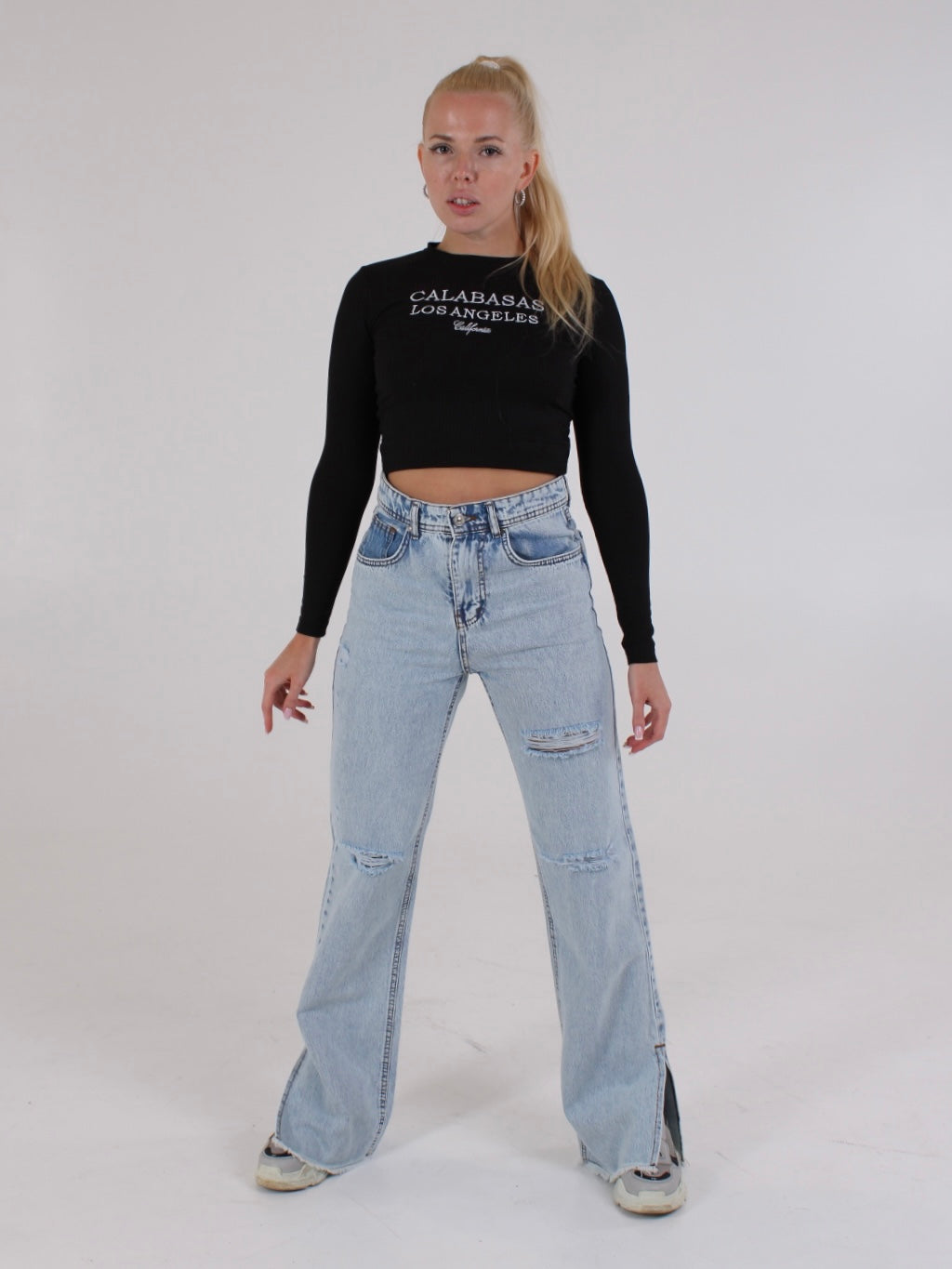 Ripped Light Blue Anna Straight Leg Cropped Hem Split