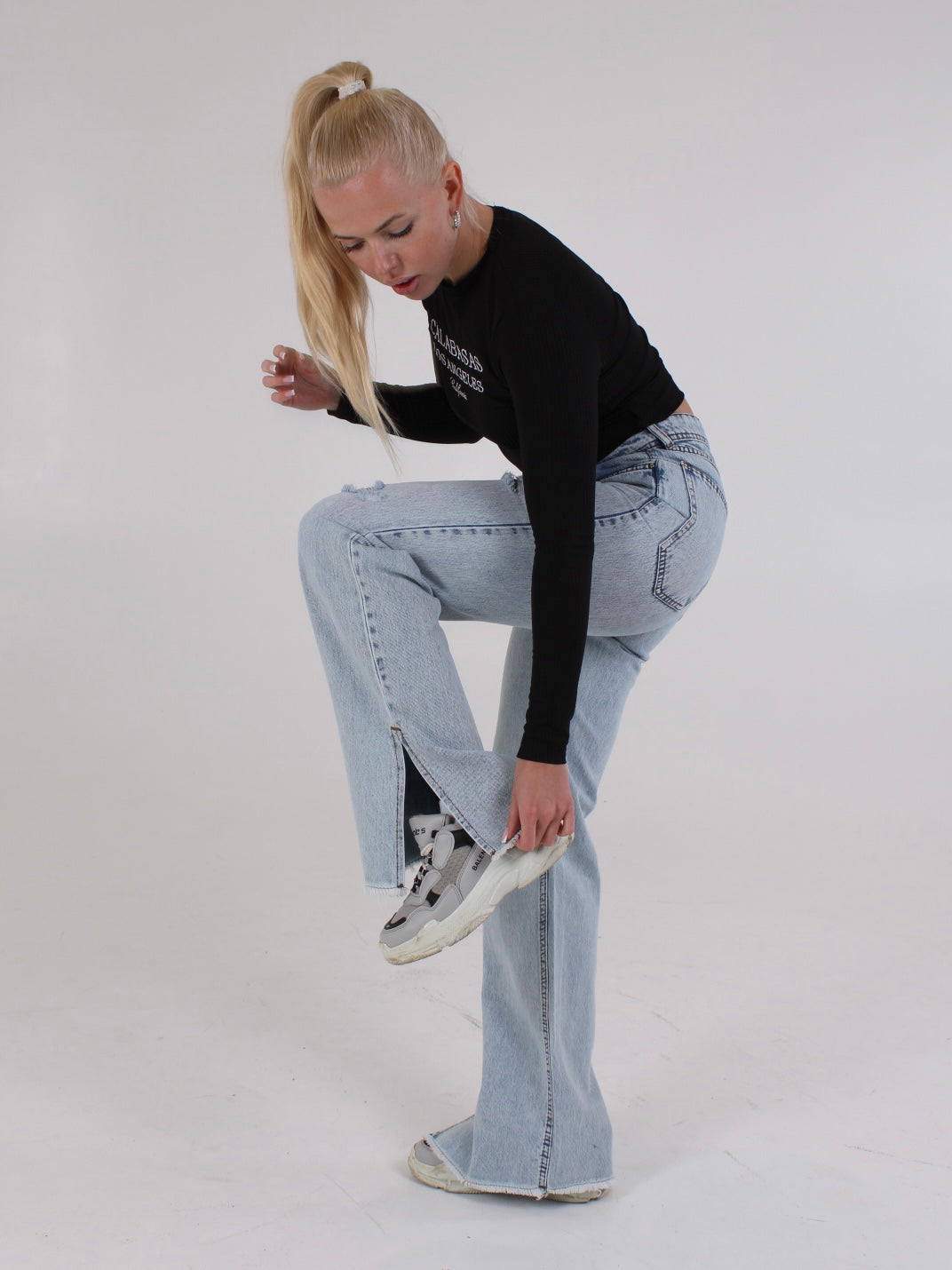 Ripped Light Blue Anna Straight Leg Cropped Hem Split