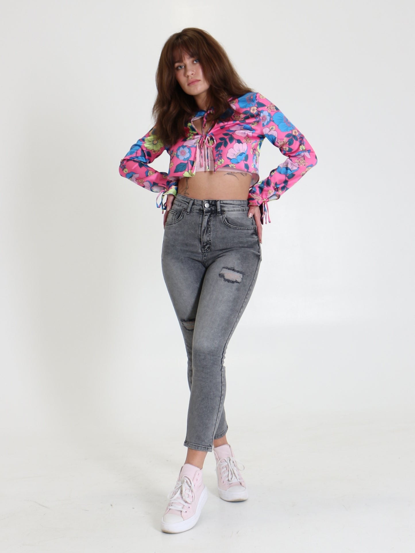 Light Grey Ripped Slim Mom Jeans