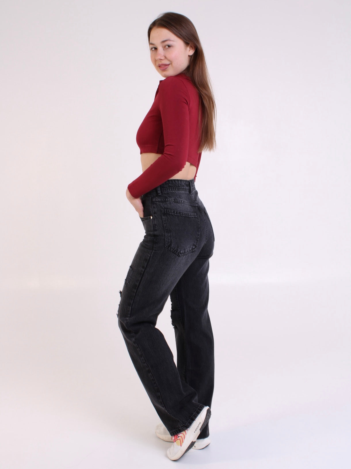 Washed Black Ripped Anna Straight Leg Full Length Jeans