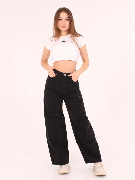 Washed Black Ripped Masha Wide Leg Jeans
