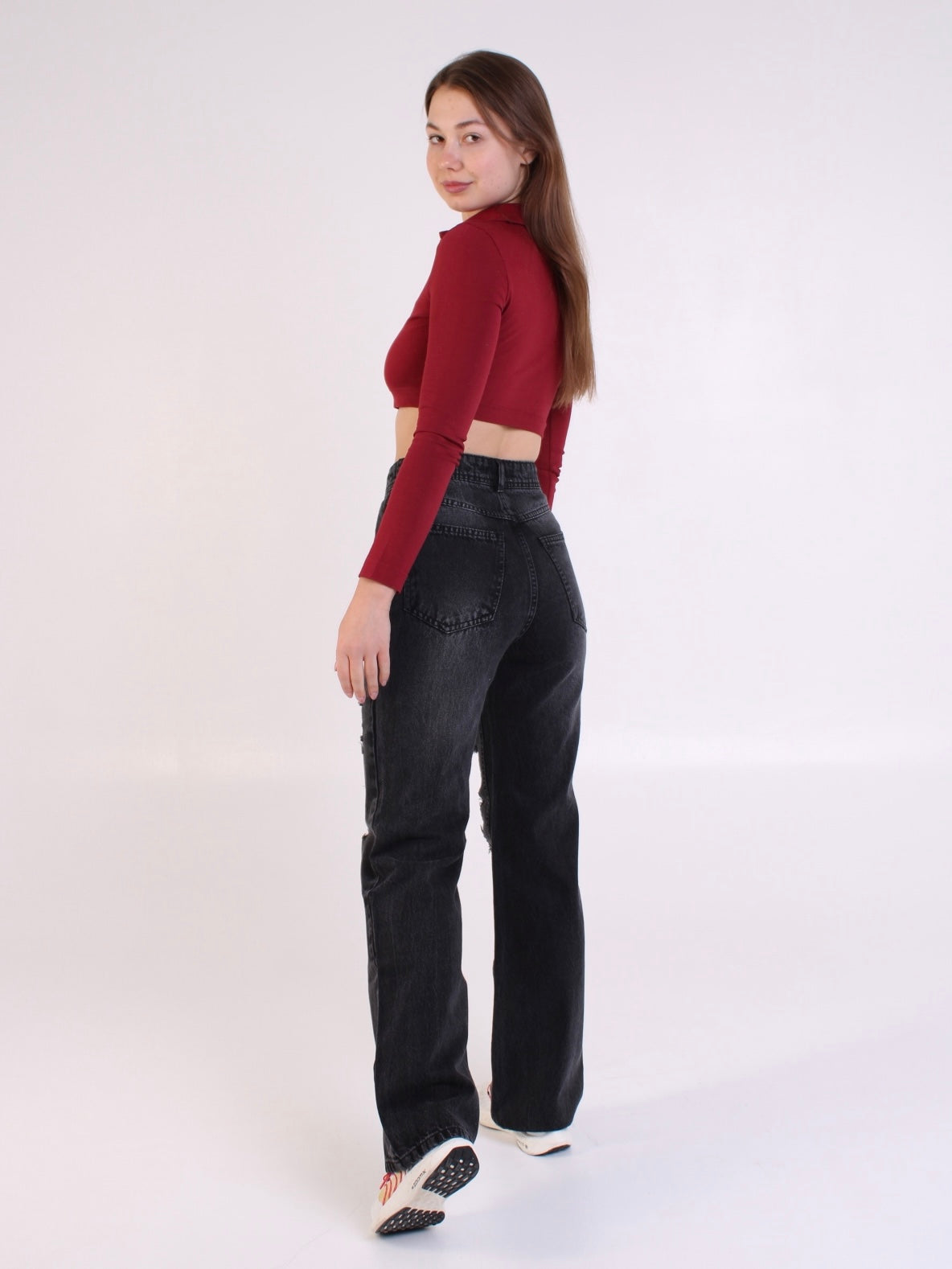 Washed Black Ripped Anna Straight Leg Full Length Jeans