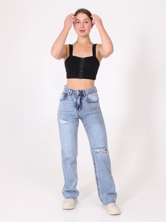 Ocean Blue Ripped Anna Straight Leg Full Length Jeans