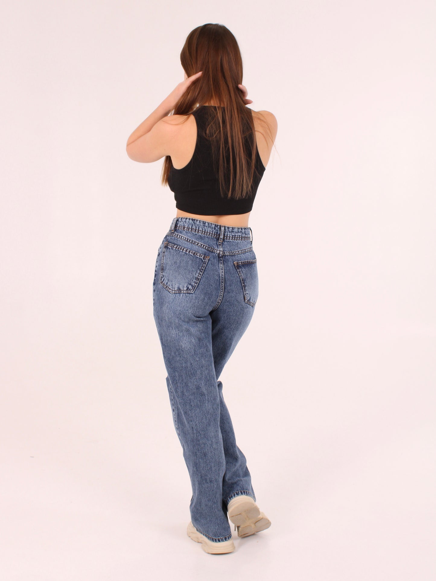 Mid Blue Ripped Anna Straight Leg Full Length Jeans