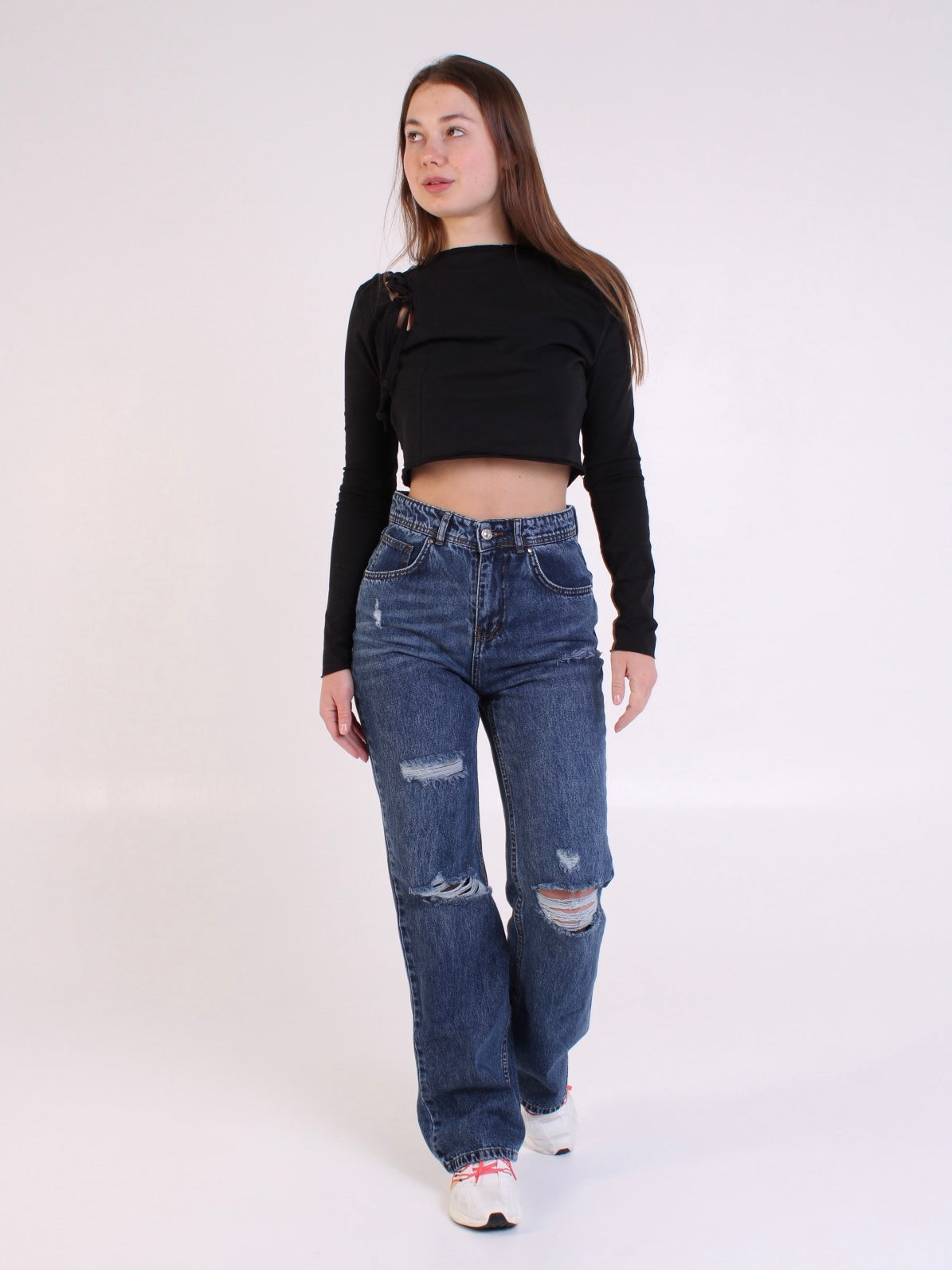 Dark Blue Ripped Anna Straight Leg Full Length Jeans