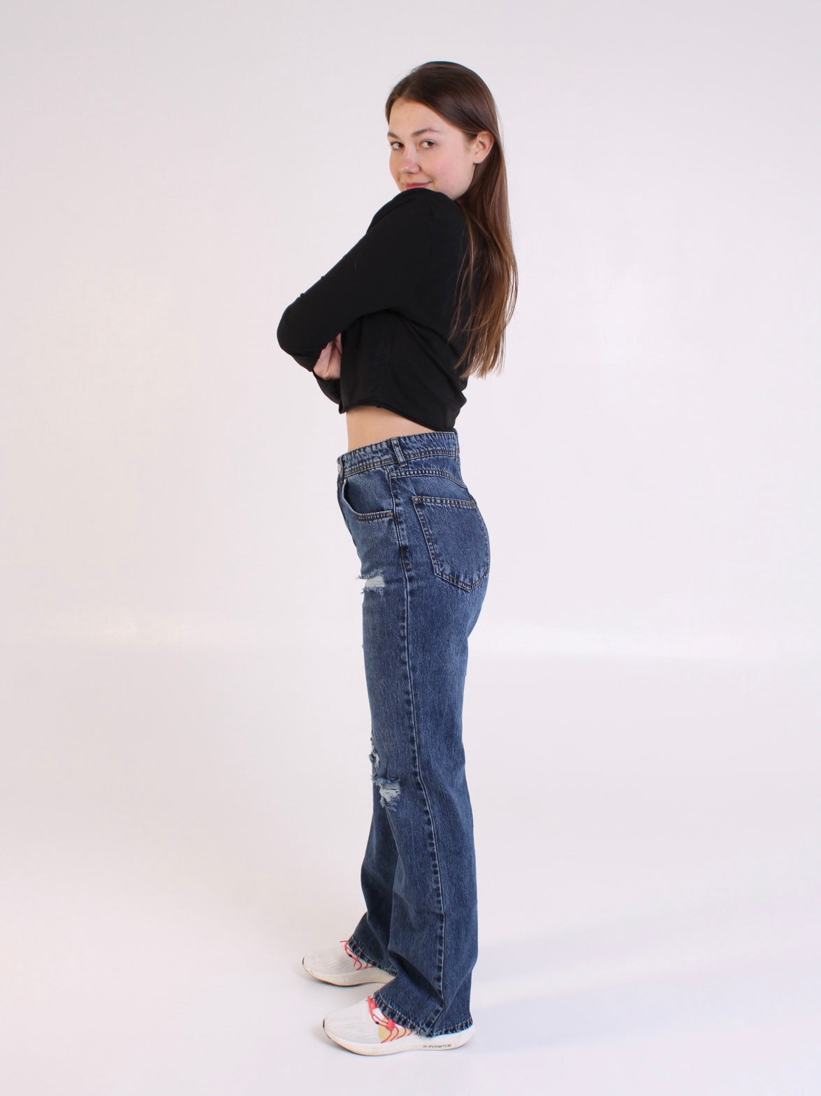 Dark Blue Ripped Anna Straight Leg Full Length Jeans