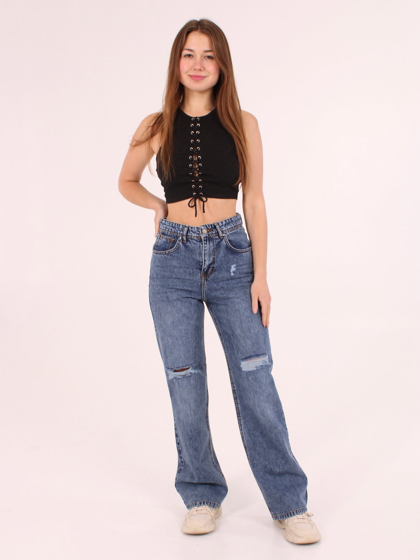 Mid Blue Ripped Anna Straight Leg Full Length Jeans