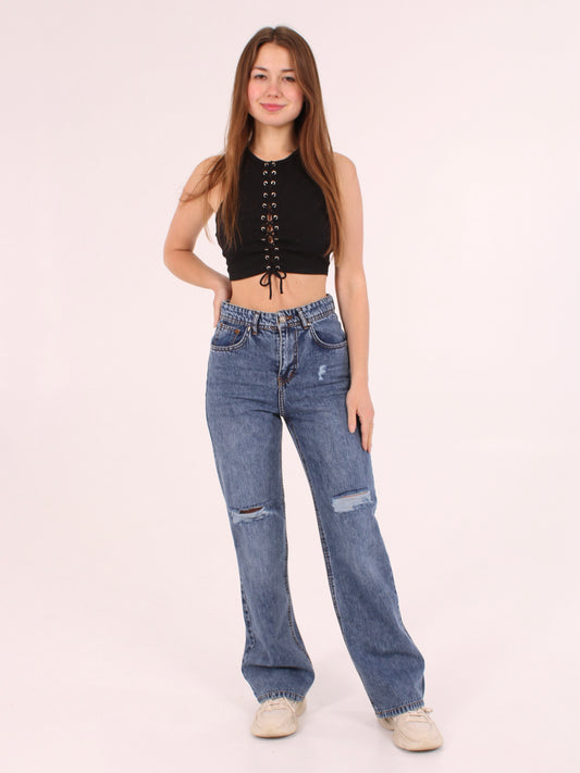 Mid Blue Ripped Anna Straight Leg Full Length Jeans