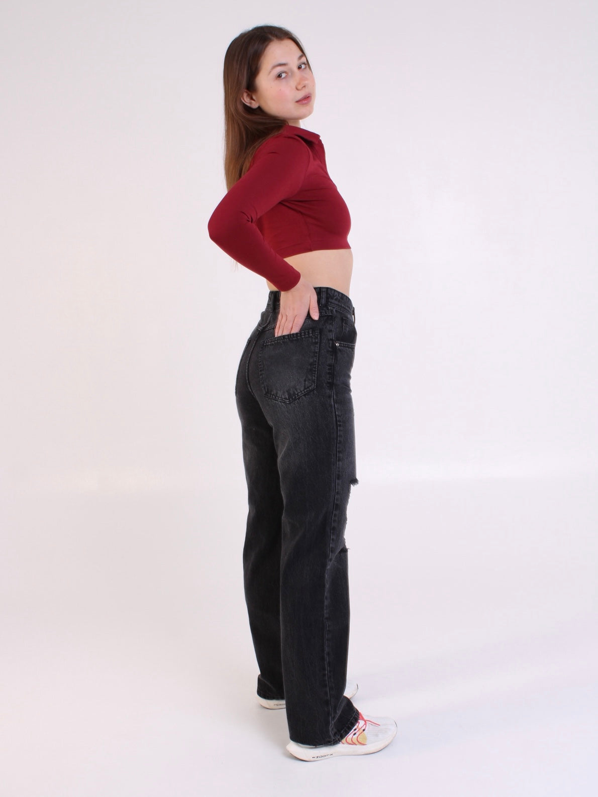 Washed Black Ripped Anna Straight Leg Full Length Jeans
