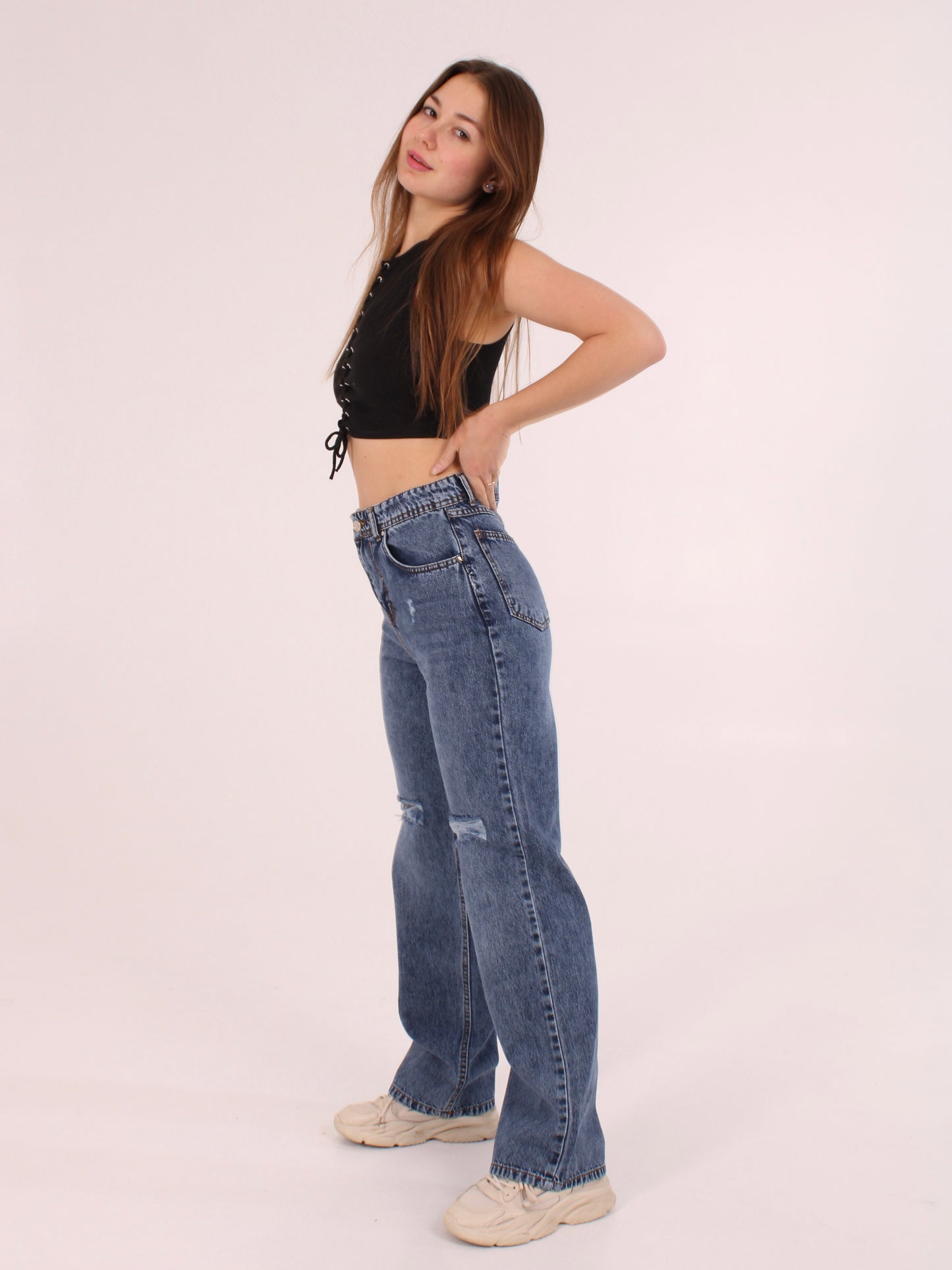 Mid Blue Ripped Anna Straight Leg Full Length Jeans