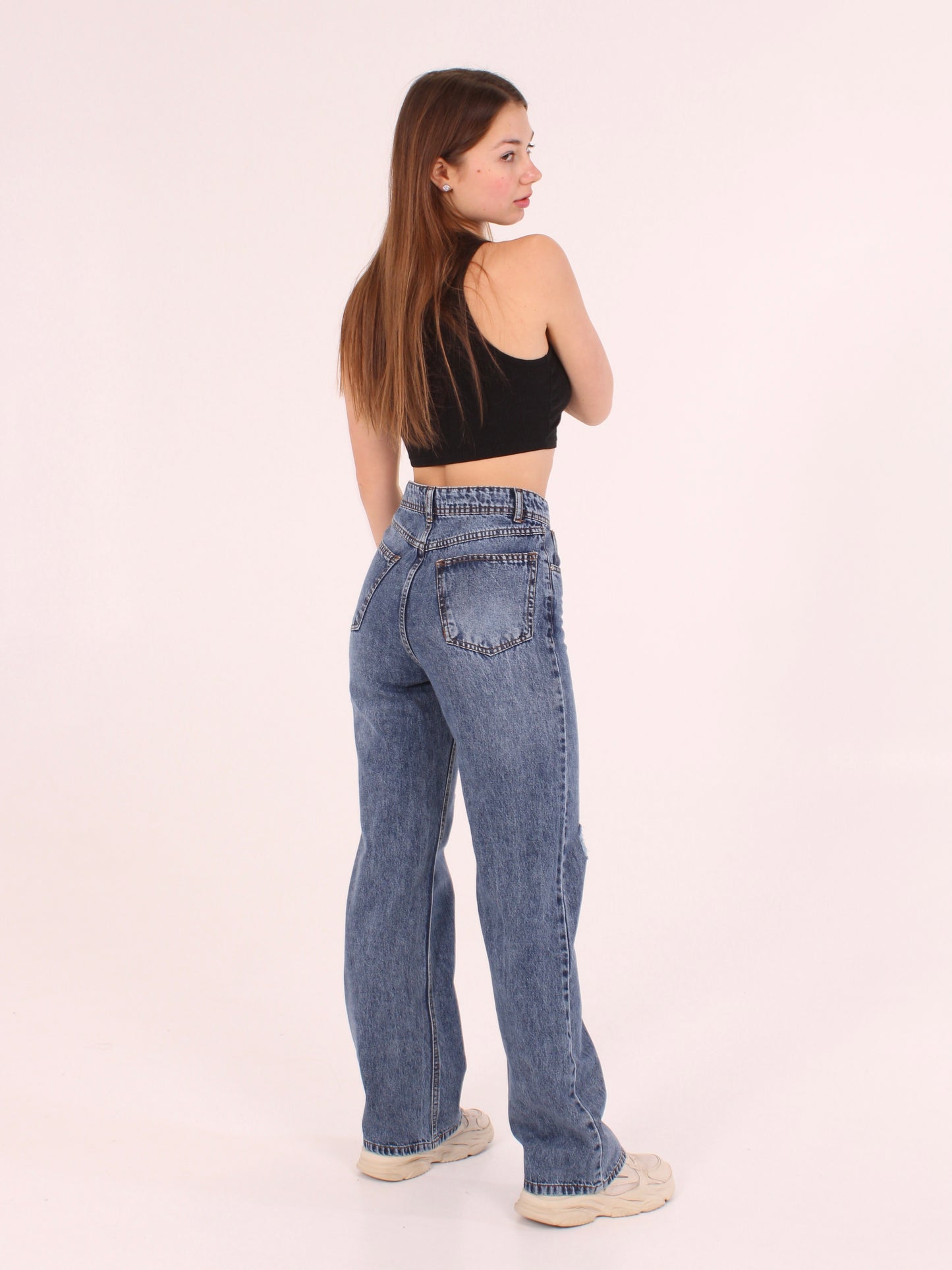 Mid Blue Ripped Anna Straight Leg Full Length Jeans