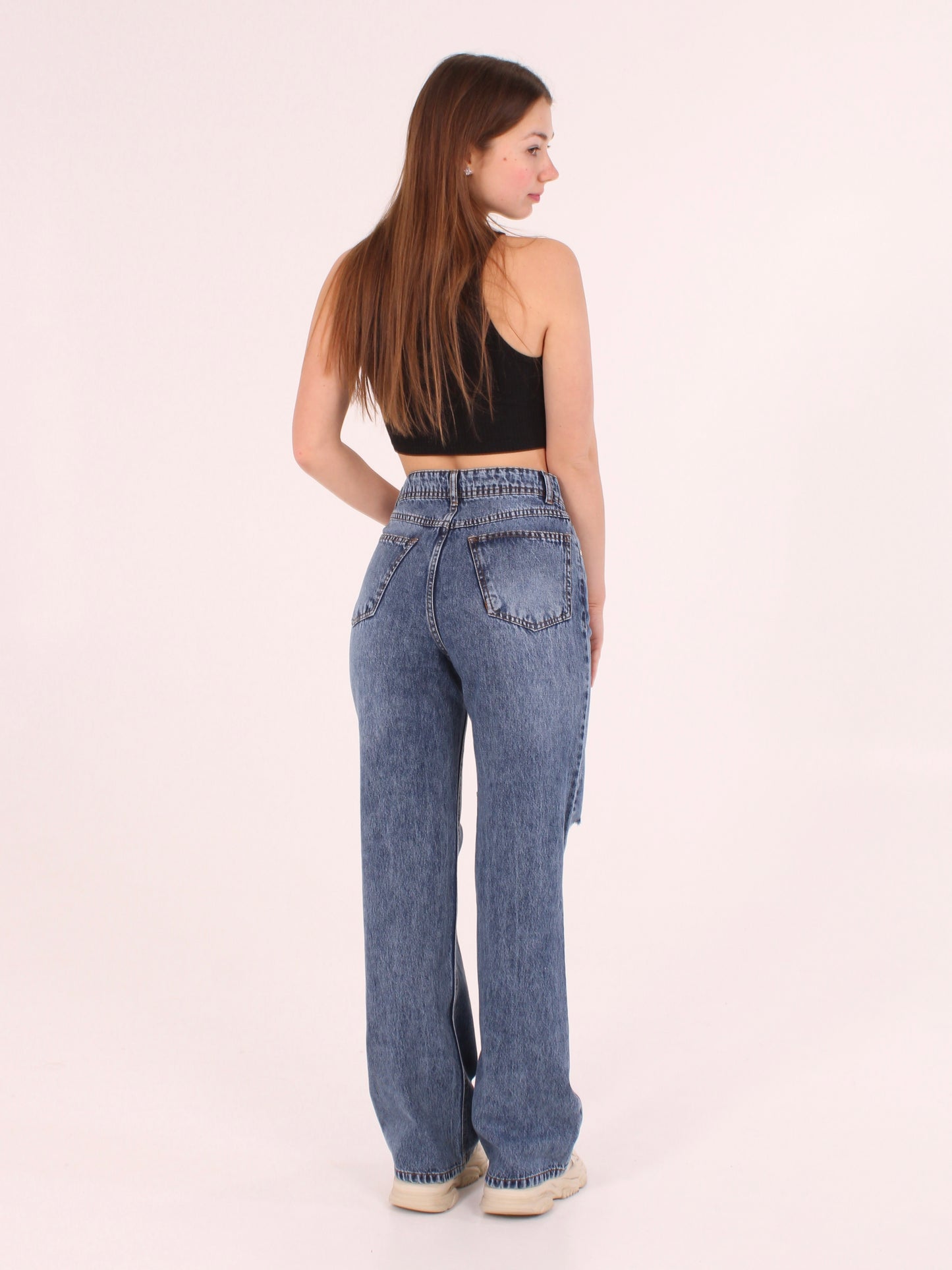 Mid Blue Ripped Anna Straight Leg Full Length Jeans