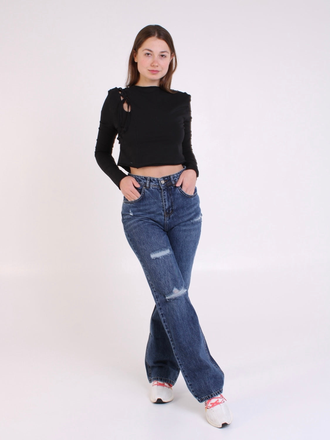 Dark Blue Ripped Anna Straight Leg Full Length Jeans