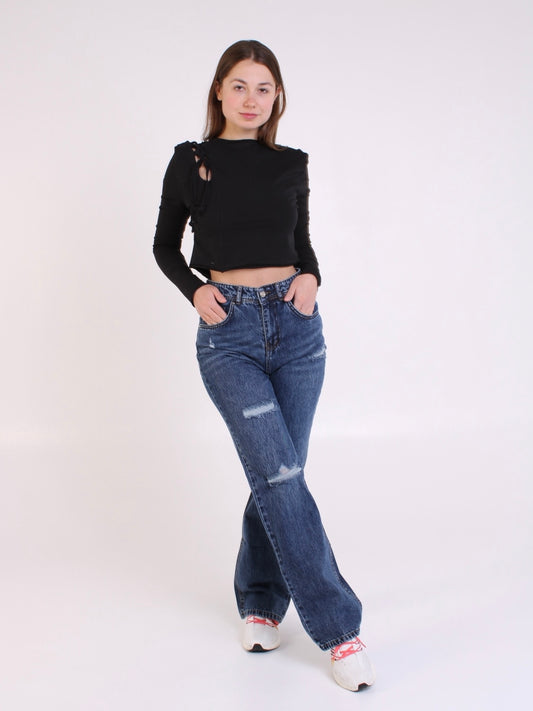 Dark Blue Ripped Anna Straight Leg Full Length Jeans