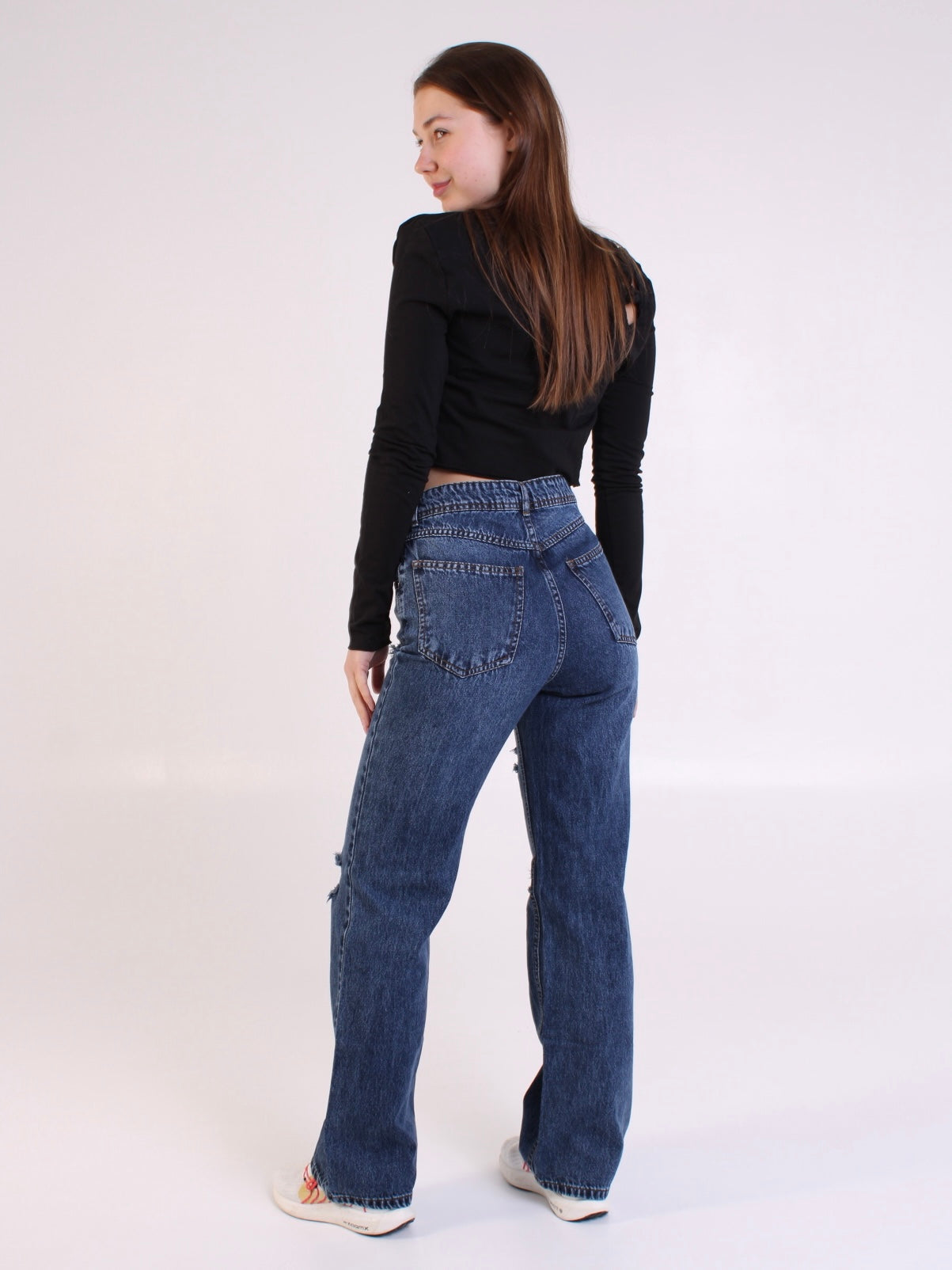 Dark Blue Ripped Anna Straight Leg Full Length Jeans