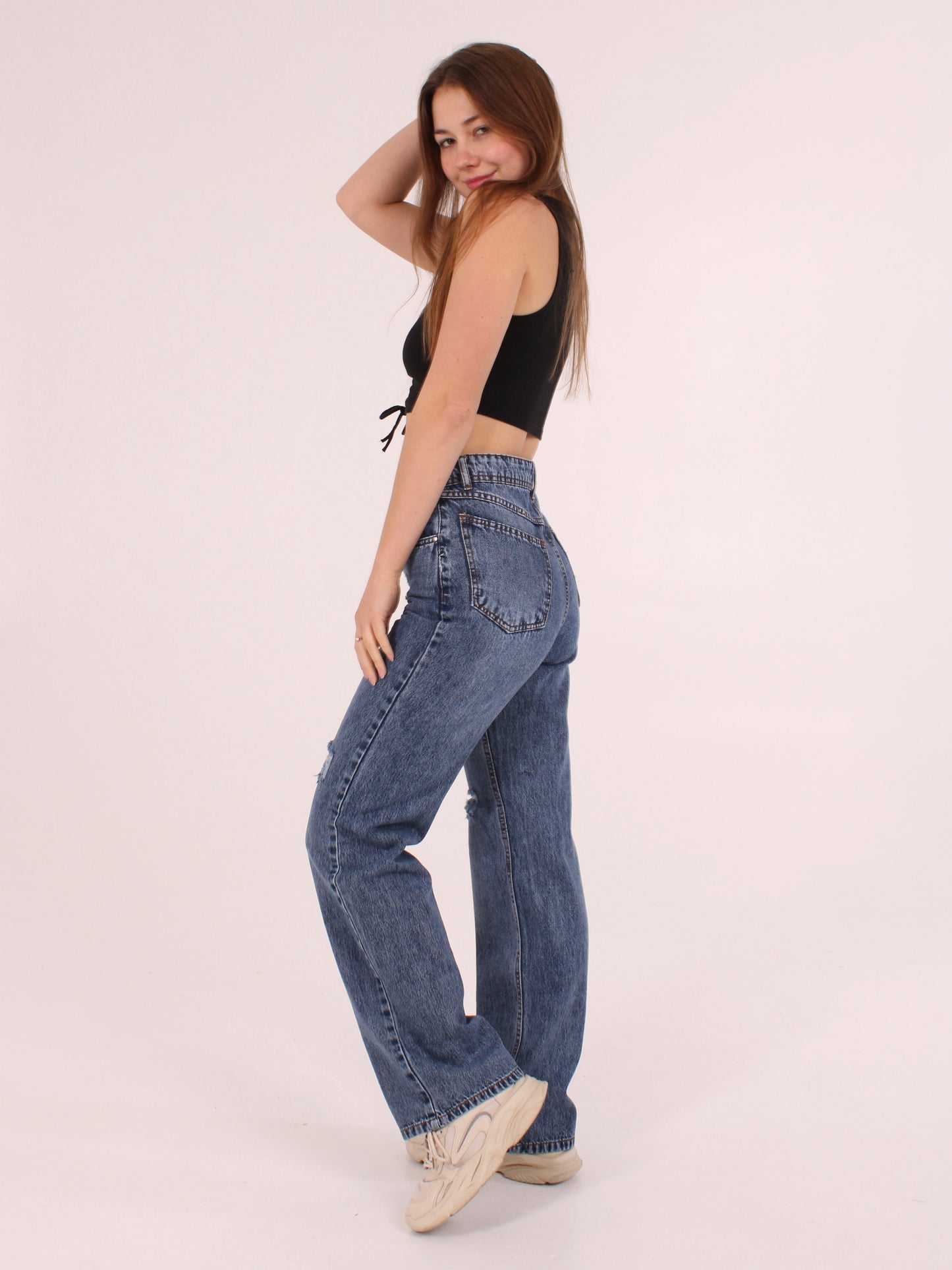 Mid Blue Ripped Anna Straight Leg Full Length Jeans