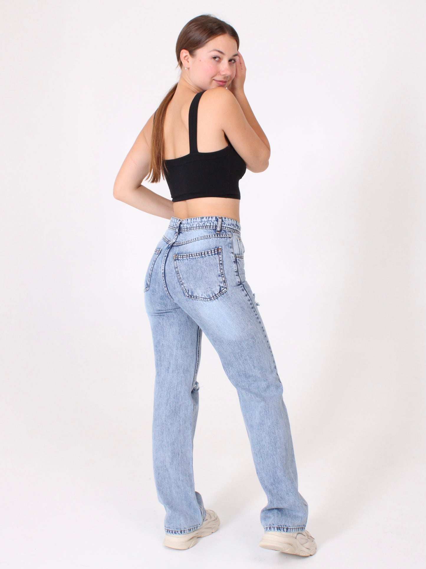 Ocean Blue Ripped Anna Straight Leg Full Length Jeans