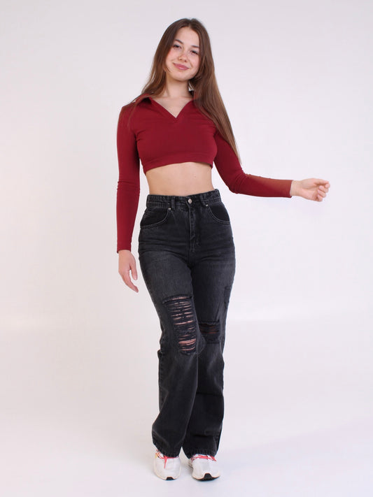 Washed Black Ripped Anna Straight Leg Full Length Jeans