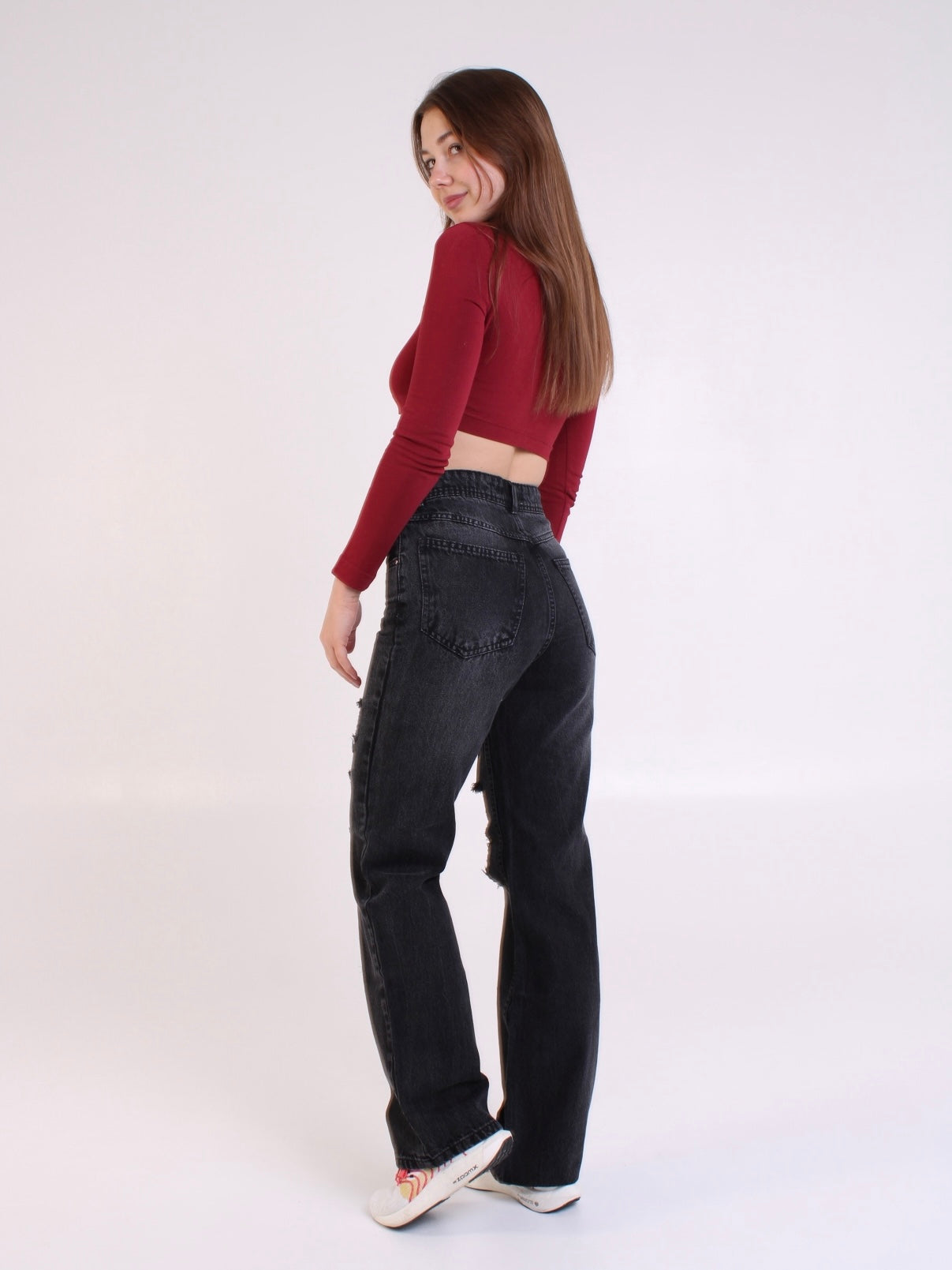 Washed Black Ripped Anna Straight Leg Full Length Jeans