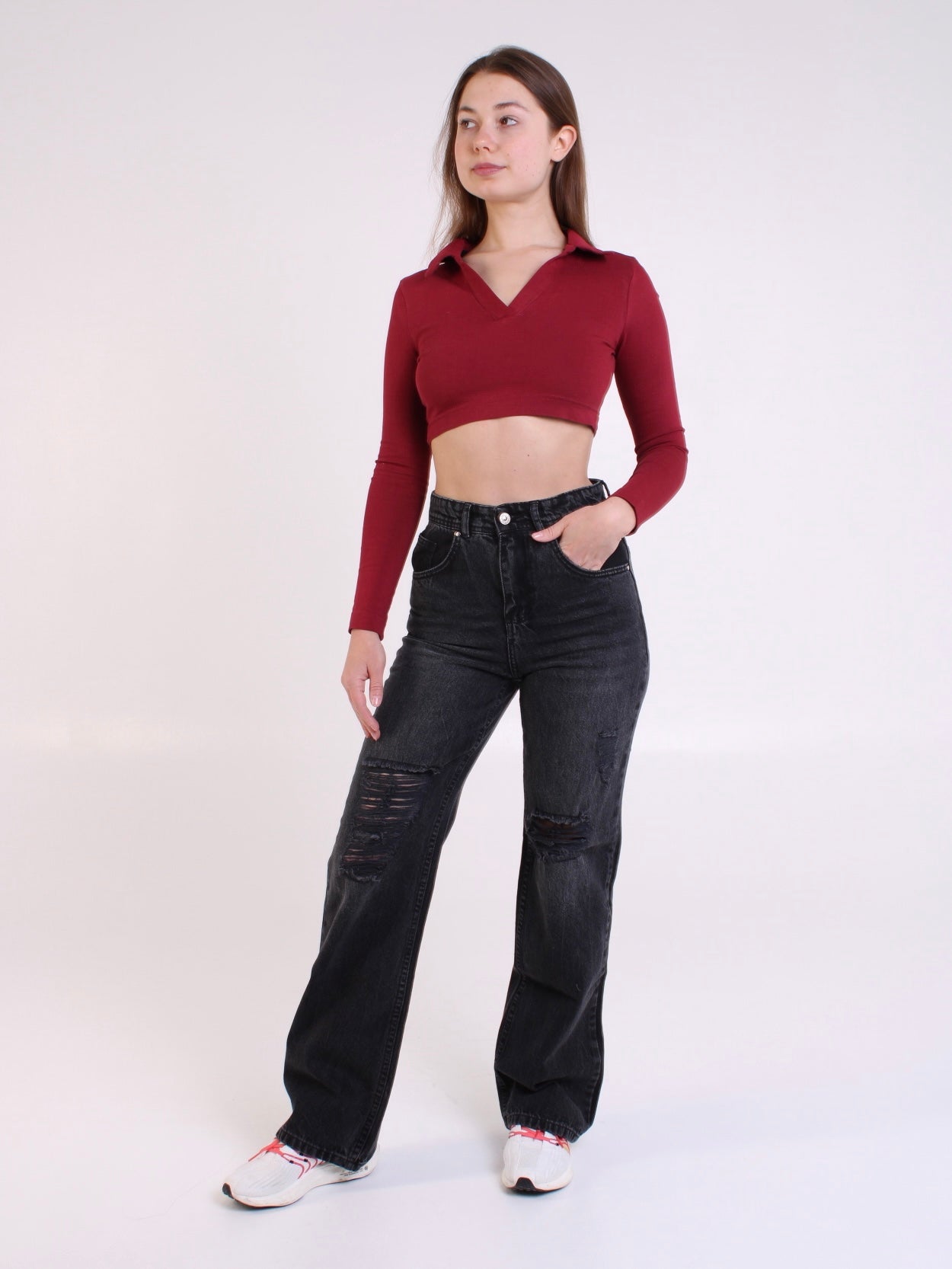 Washed Black Ripped Anna Straight Leg Full Length Jeans
