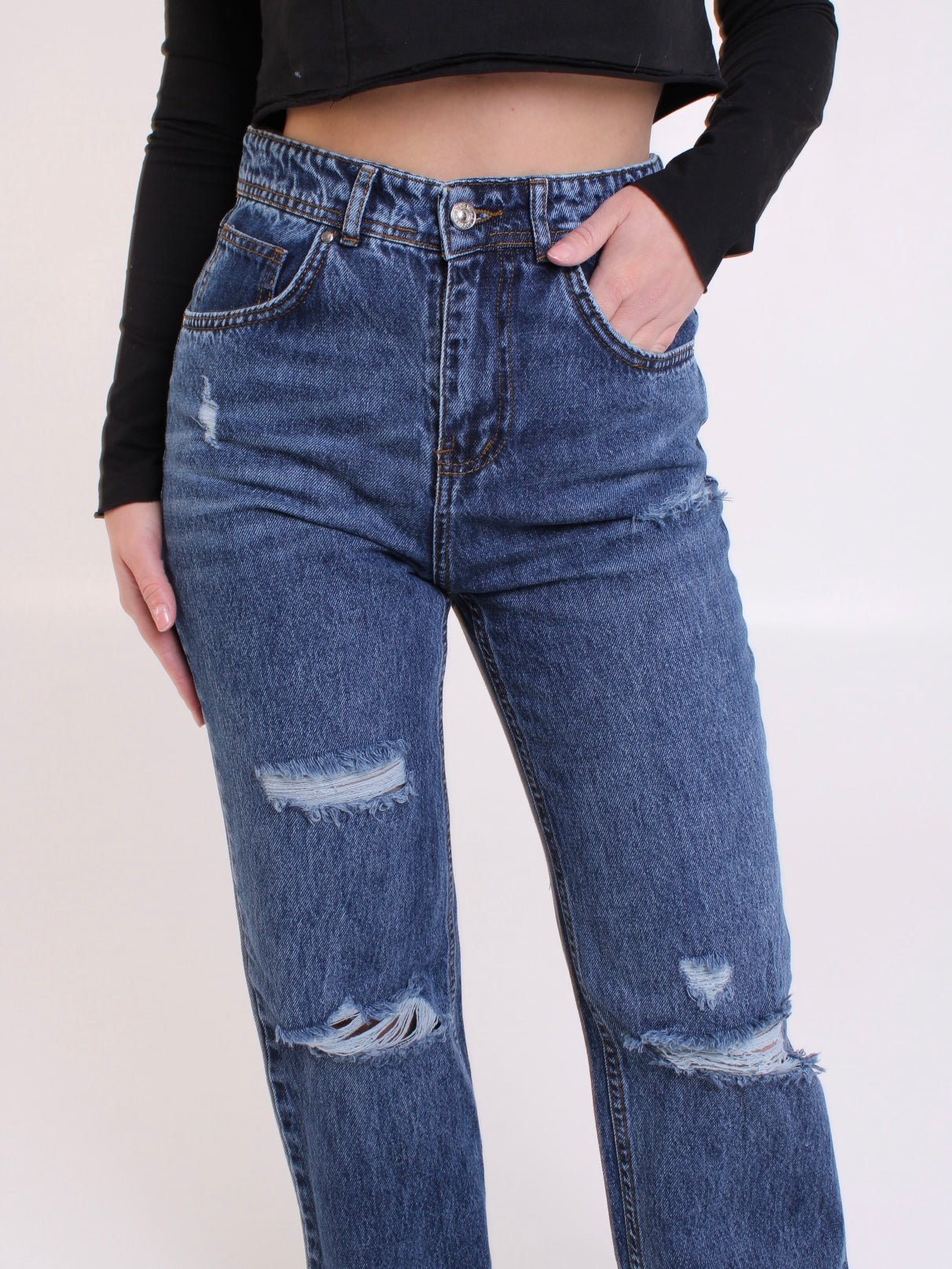 Dark Blue Ripped Anna Straight Leg Full Length Jeans