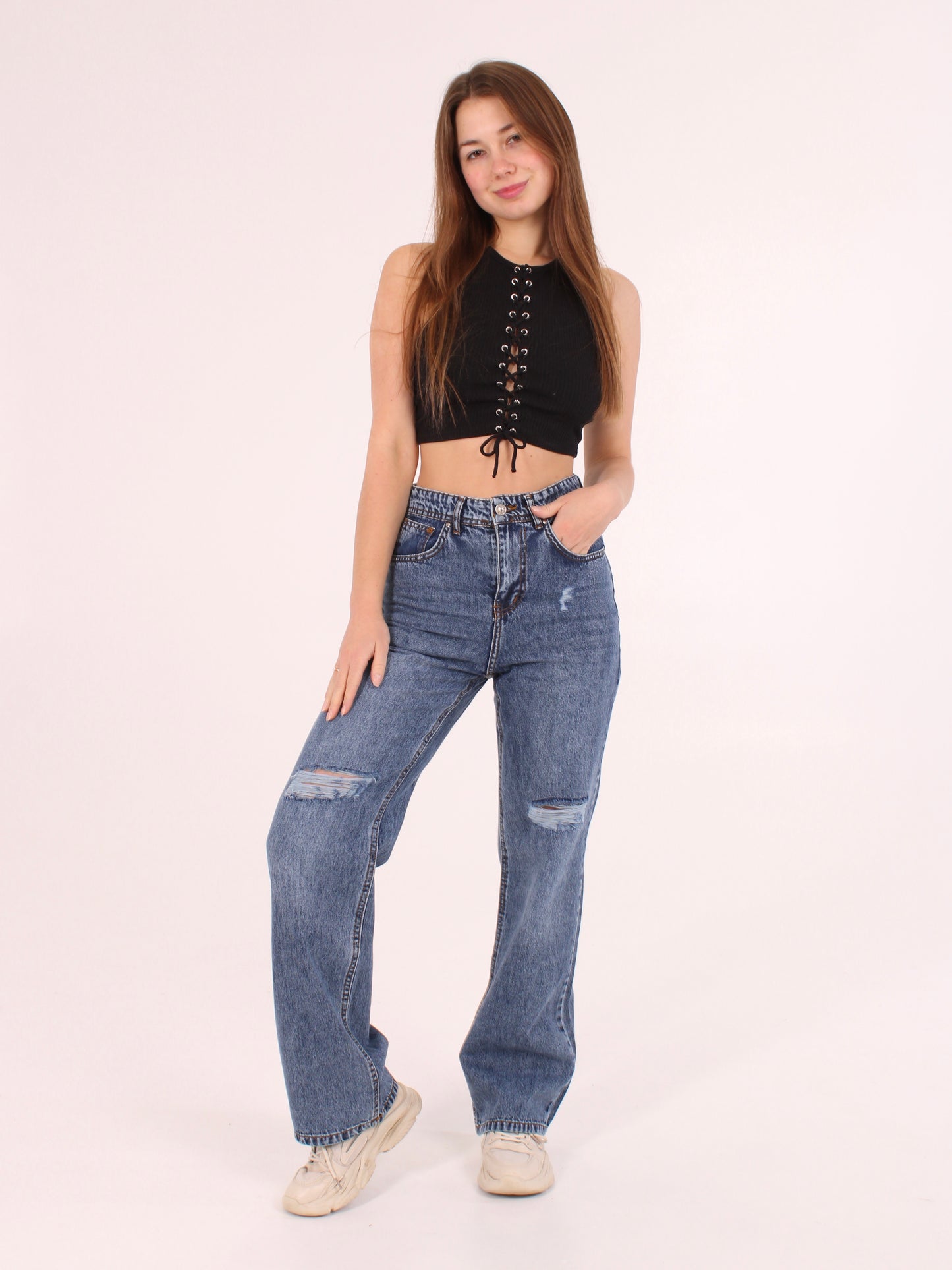 Mid Blue Ripped Anna Straight Leg Full Length Jeans