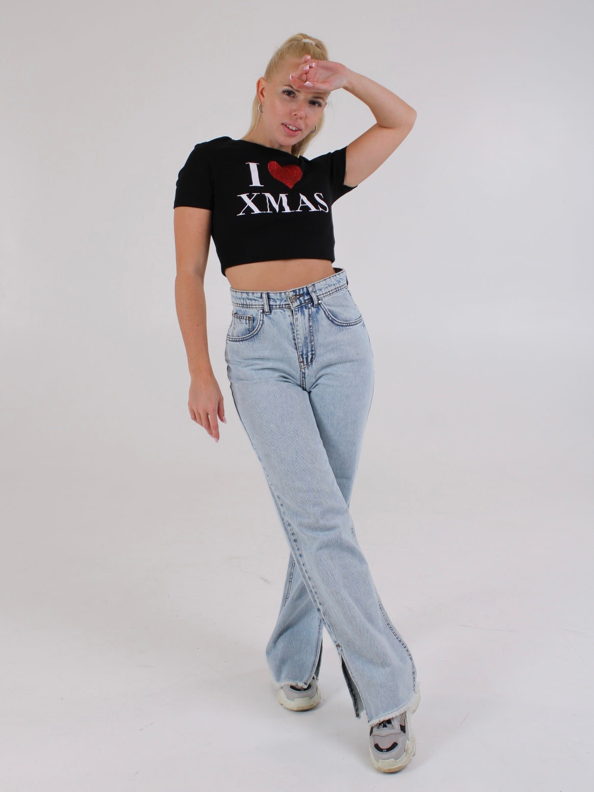 Light Blue Anna Straight Leg Cropped Hem Split