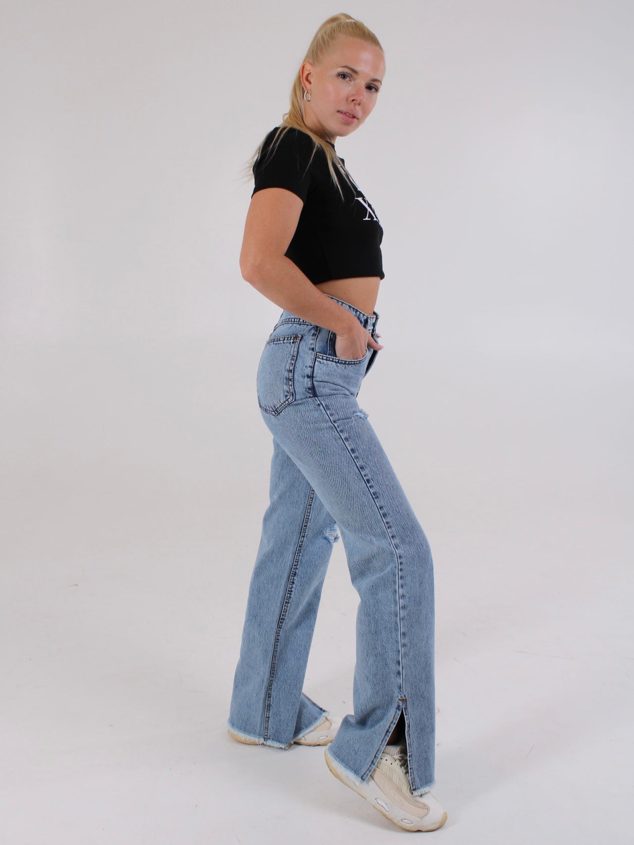 Ripped Ocean Blue Anna Straight Leg Cropped Hem Split
