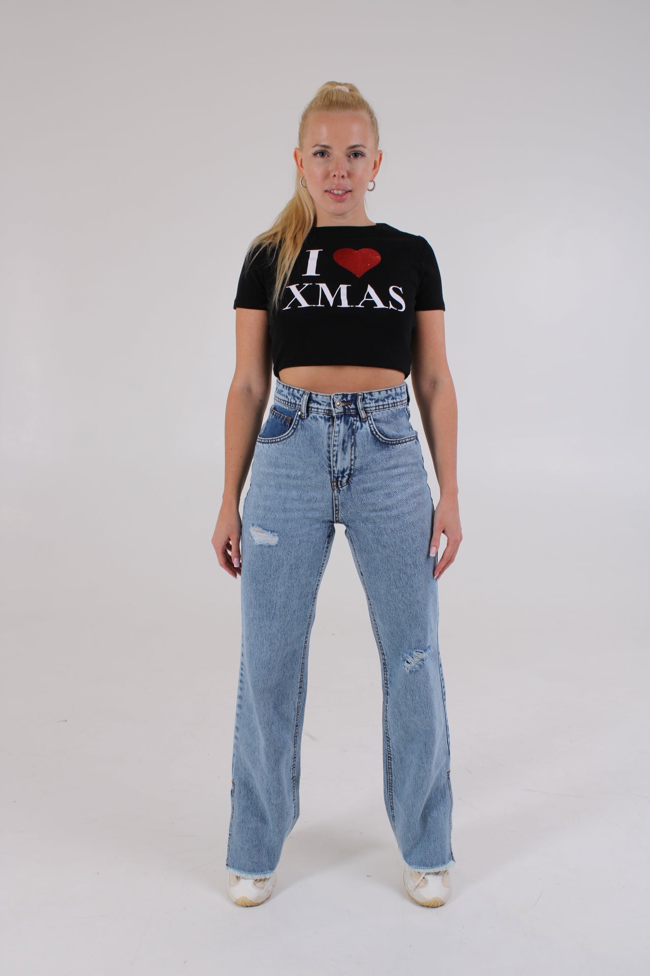 Ripped Ocean Blue Anna Straight Leg Cropped Hem Split
