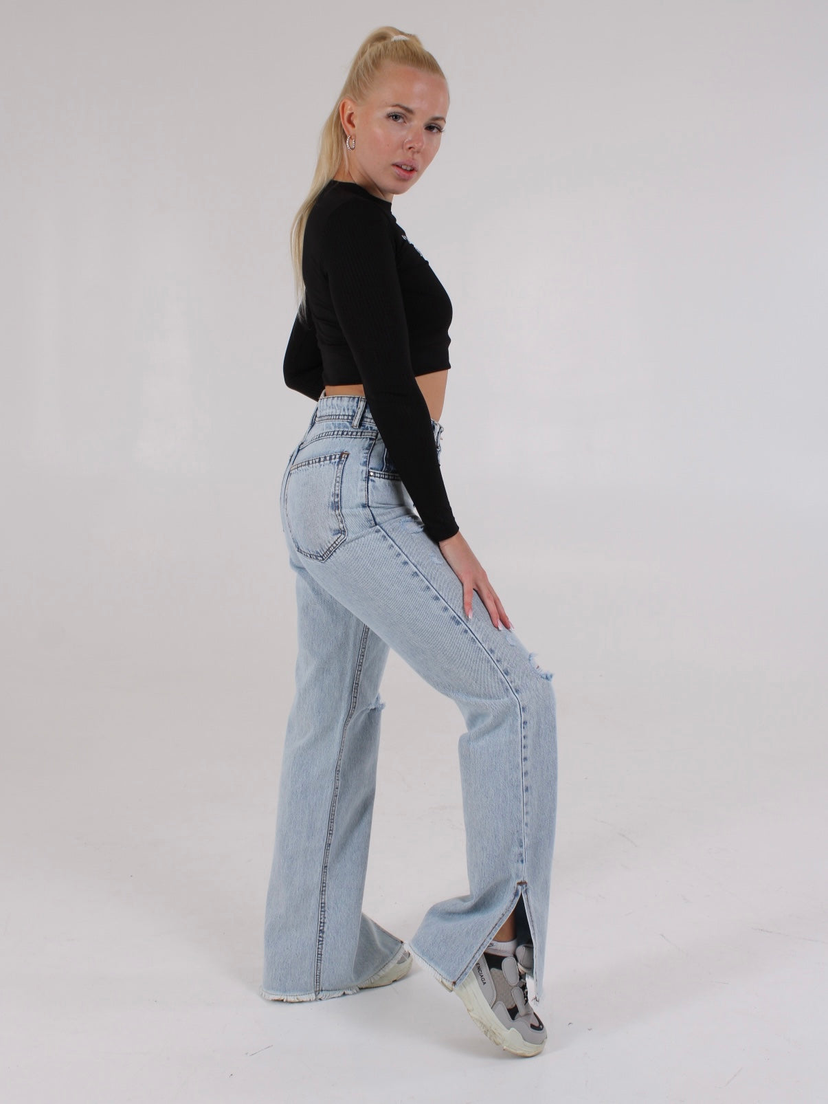 Ripped Light Blue Anna Straight Leg Cropped Hem Split
