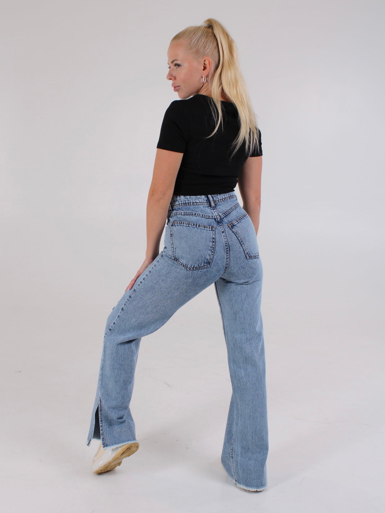 Ripped Ocean Blue Anna Straight Leg Cropped Hem Split