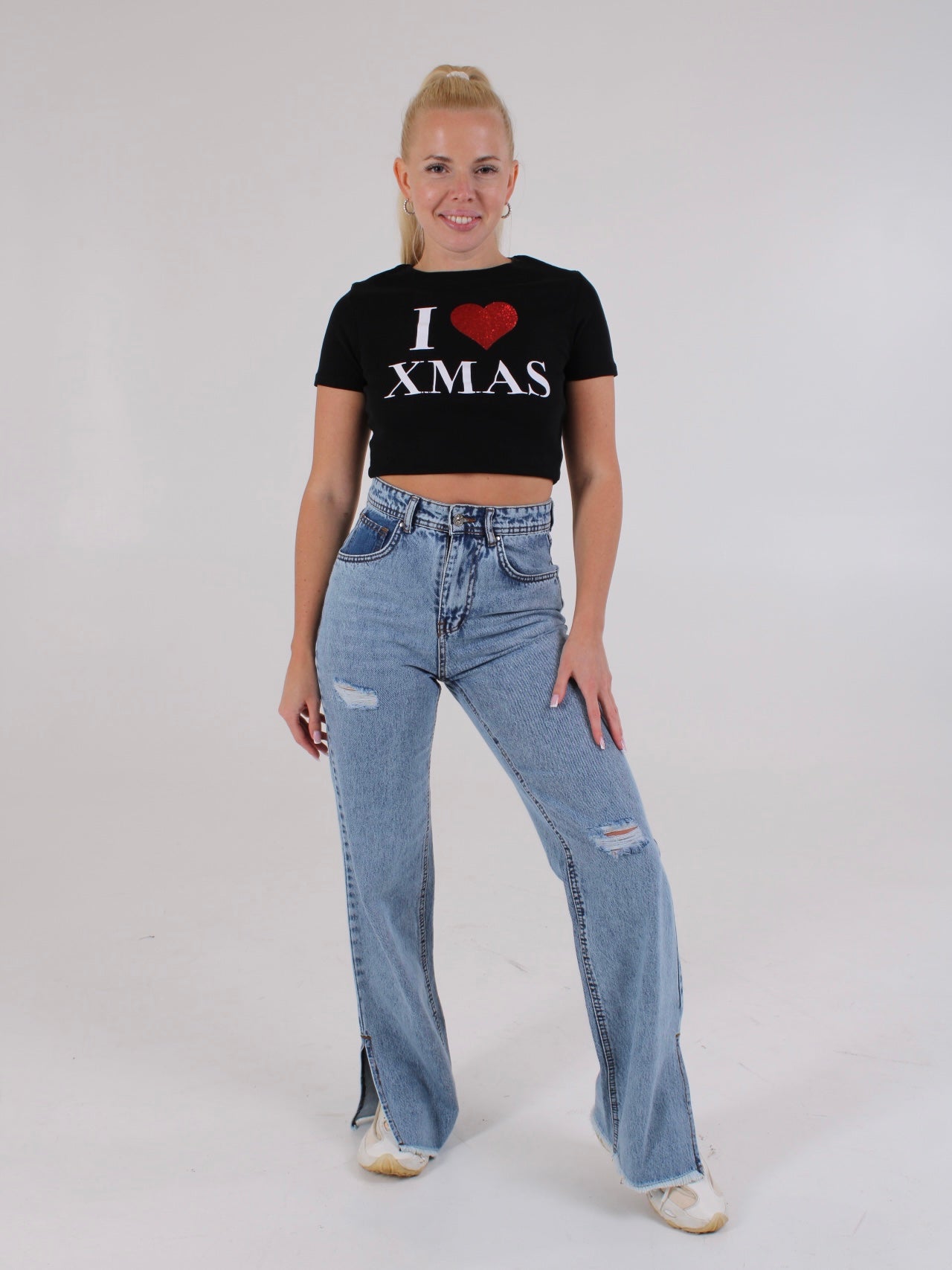 Ripped Ocean Blue Anna Straight Leg Cropped Hem Split