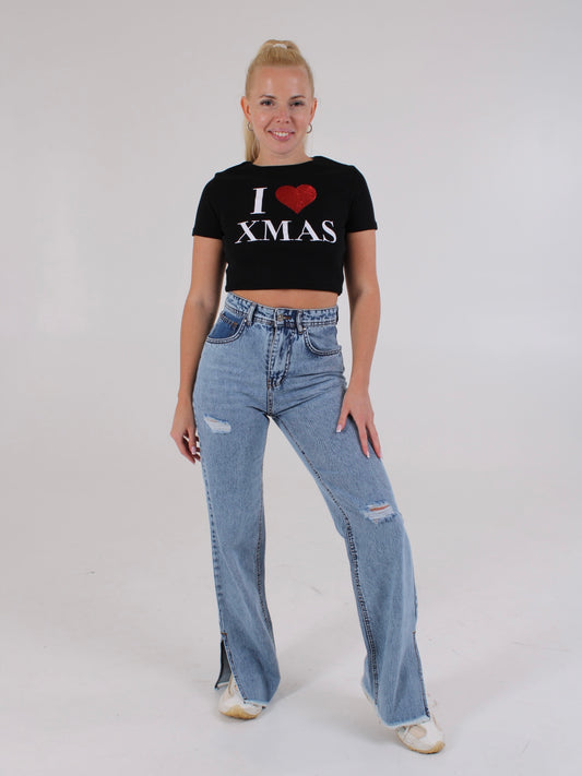 Ripped Ocean Blue Anna Straight Leg Cropped Hem Split