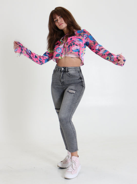 Light Grey Ripped Slim Mom Jeans